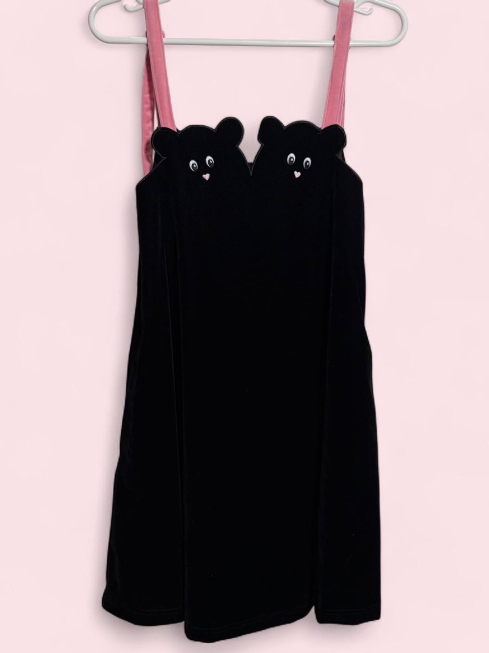 Lazy Oaf Black Velvet Bear Appliqué Dress with Pink Straps XS